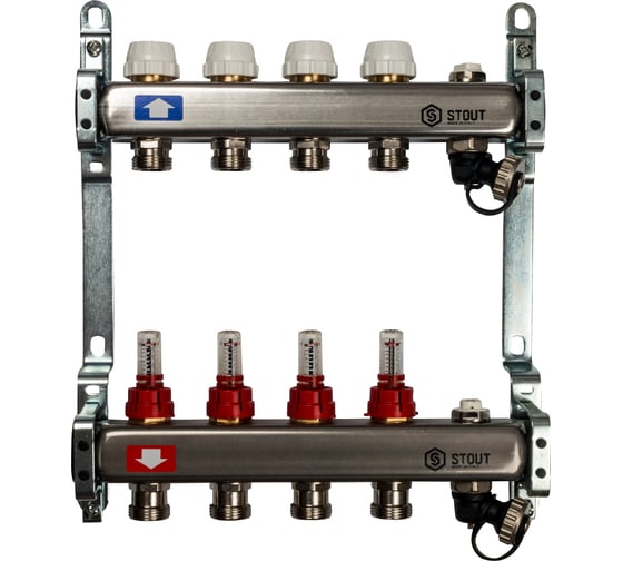 Изображение товара Коллектор из нержавеющей стали с расходомерами, с клапаном вып. воздуха и сливом 4 вых. STOUT SMS-0927-000004