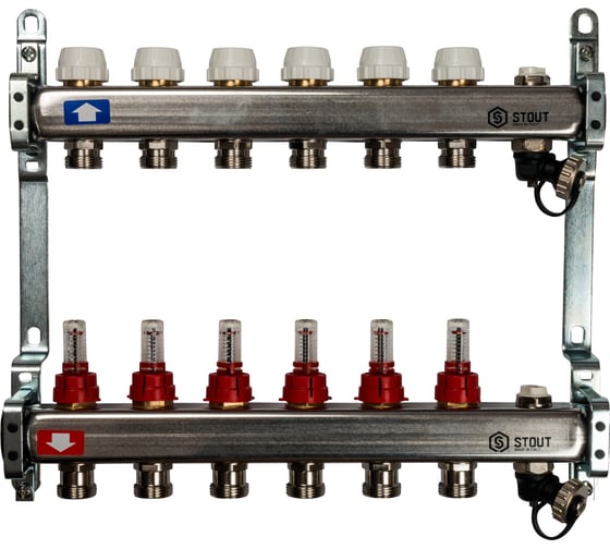 Изображение товара Коллектор из нержавеющей стали с расходомерами, с клапаном вып. воздуха и сливом 6 вых. STOUT SMS-0927-000006