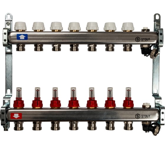 Изображение товара Коллектор из нержавеющей стали с расходомерами, с клапаном вып. воздуха и сливом 7 вых. STOUT SMS-0927-000007