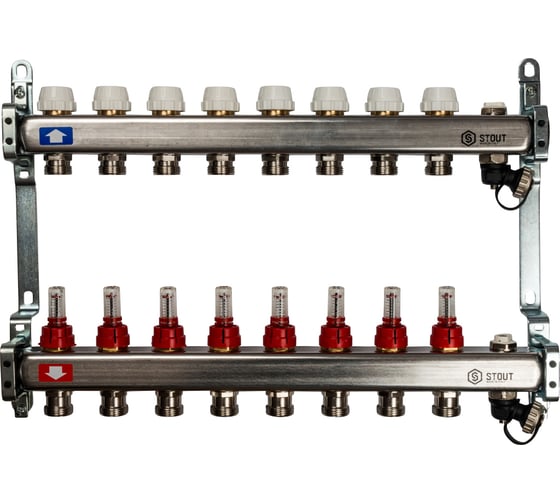 Изображение товара Коллектор из нержавеющей стали с расходомерами, с клапаном вып. воздуха и сливом 8 вых. STOUT SMS-0927-000008