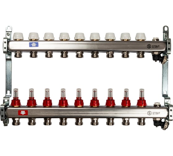 Изображение товара Коллектор из нержавеющей стали с расходомерами, с клапаном вып. воздуха и сливом 9 вых. STOUT SMS-0927-000009