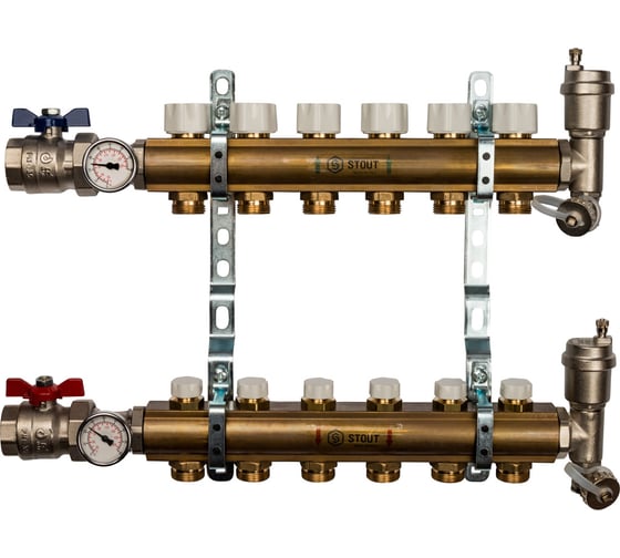 Изображение товара Распределительный коллектор из латуни без расходомеров 6 вых. STOUT SMB 0468 000006