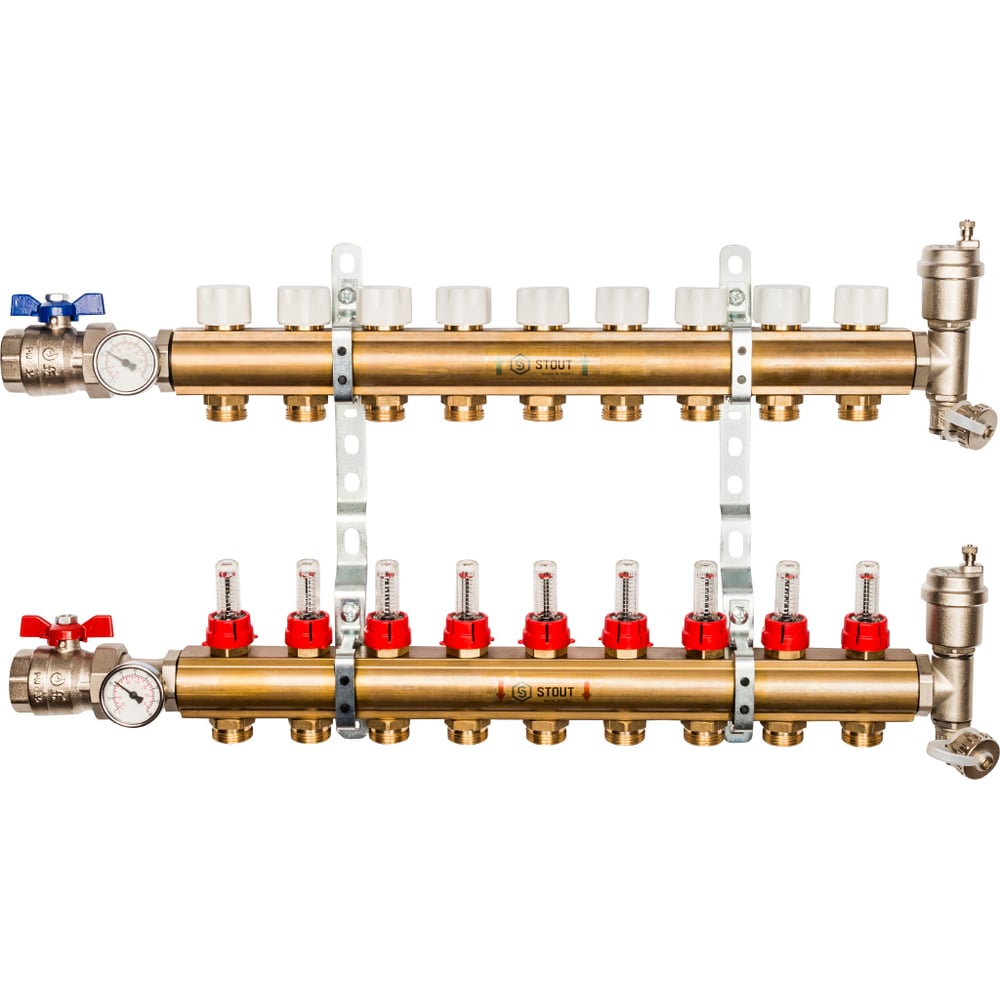 фото Распределительный коллектор из латуни с расходомерами 9 вых. stout smb 0473 000009