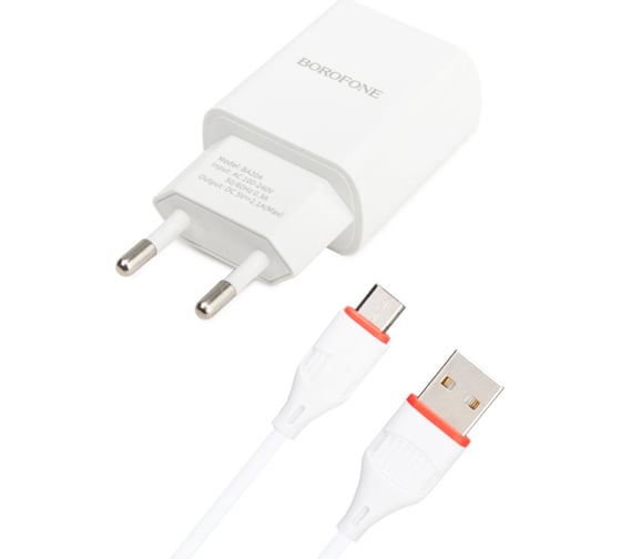 Изображение товара Сетевое зарядное устройство Borofone ba20a sharp 1xusb, 2.1а + кабель microusb, 1м, белый 0L-00043191