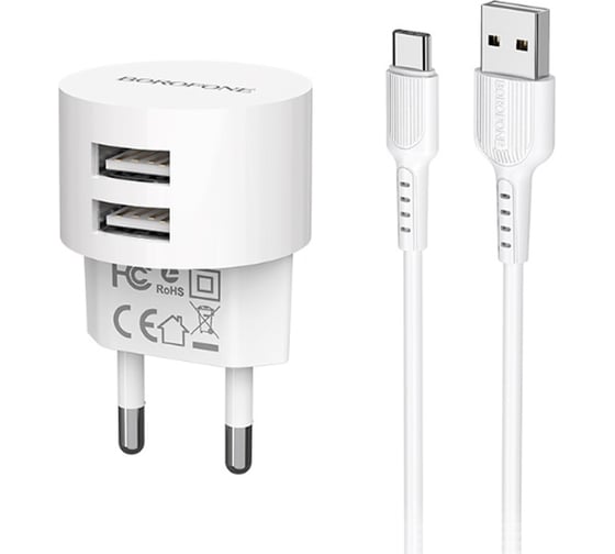 Изображение товара Сетевое зарядное устройство Borofone ba23a brilliant 2xusb, 2.4а + кабель type-c, 1м, белый 0L-00044347 23752-BA23AWT