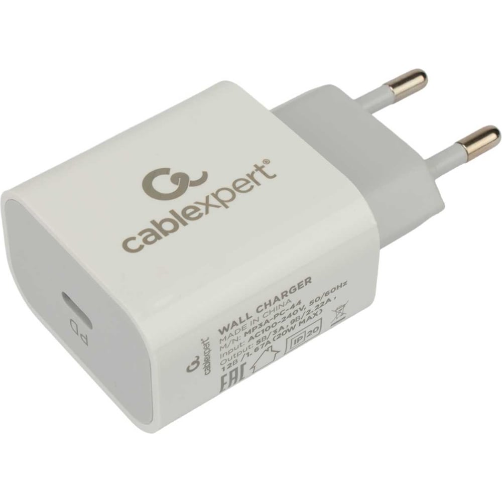 Изображение товара Зарядное устройство Cablexpert 20вт, 3а, qc3.0/pd, type-c, белое