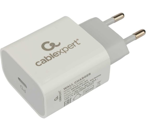 Изображение товара Зарядное устройство Cablexpert 20вт, 3а, qc3.0/pd, 1 порт type-c, белый, пакет, MP3A-PC-44