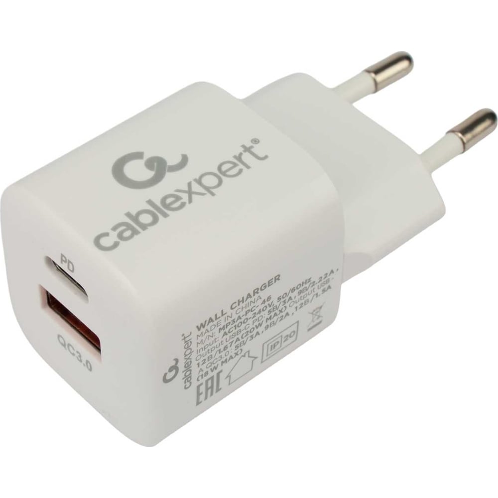 Изображение товара Зарядное устройство Cablexpert 20Вт, 3А, 2 порта USB/Type-C