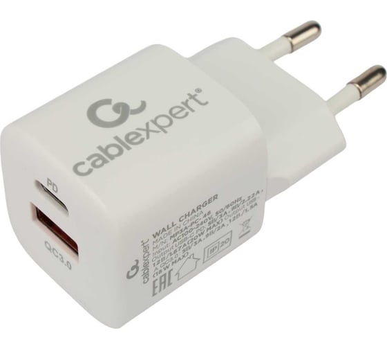 Изображение товара Зарядное устройство Cablexpert 20вт, 3а, qc3.0/pd, 2 порта: usb и type-c, белый, пакет, MP3A-PC-46
