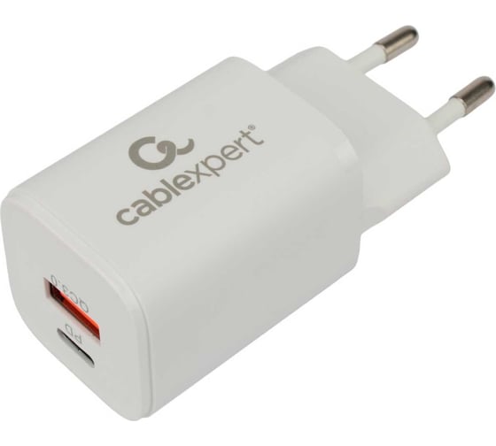 Изображение товара Зарядное устройство Cablexpert 30вт, 3а, qc3.0/pd, 2 порта: usb и type-c, белый, пакет, MP3A-PC-42