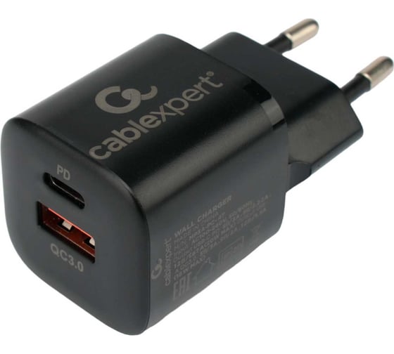 Изображение товара Зарядное устройство Cablexpert 20вт, 3а, qc3.0/pd, 2 порта: usb и type-c, черный, пакет, MP3A-PC-47