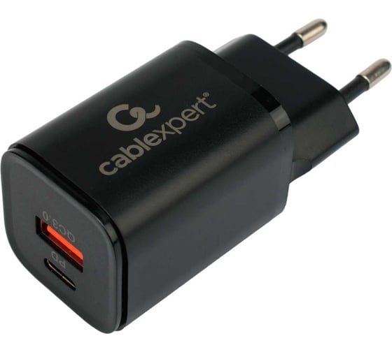 Изображение товара Зарядное устройство Cablexpert 30вт, 3а, qc3.0/pd, 2 порта: usb и type-c, черный, пакет, MP3A-PC-43