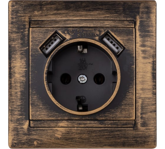 Изображение товара Розетка 2П+З 16А 250В + 2 USB порта 2,1А 5В TDM ELECTRIC старинная бронза, серия "Лама" SQ1815-0772