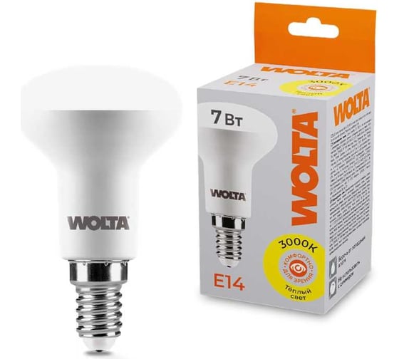 Изображение товара Светодиодная лампа Wolta Spot LED Рефлектор R, 7Вт, 3000K Теплый белый свет, E14 25Y50R7E14
