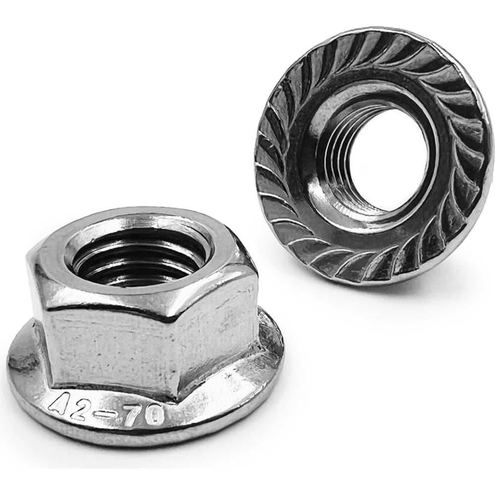Изображение товара Гайка KREPFIELD нержавеющая, М10, DIN 6923, А2, с зазубринами шестигранная с фланцем 250 шт. в упак. 6923А2ГАЙКАМ10-250