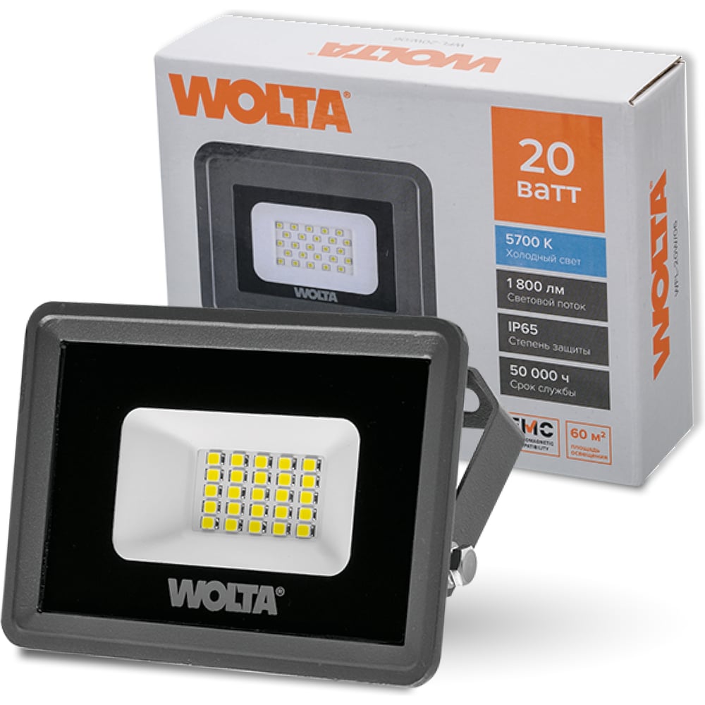 Изображение товара Светодиодный прожектор Wolta 20Вт IP 65 холодный белый свет модель WFL-20W/06
