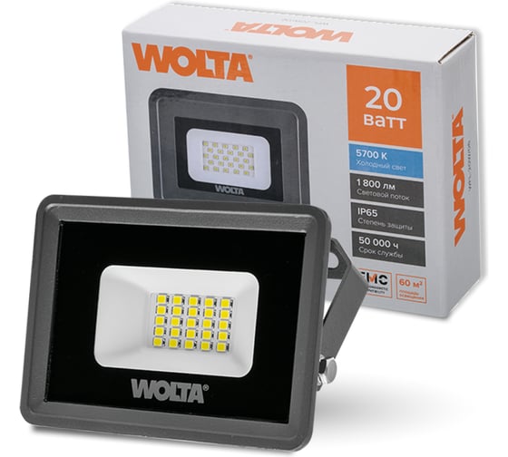 Изображение товара Светодиодный прожектор Wolta 5700K, холодный белый свет, 20Вт SMD, IP 65, IK08, WFL-20W/06