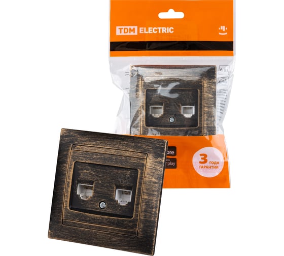 Изображение товара Розетка телефонная RJ11 + компьютерная RJ45 TDM ELECTRIC старинная бронза, серия "Лама" SQ1815-0760