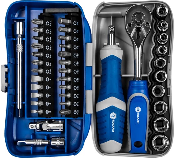 Изображение товара Набор бит и головок с трещоткой КОБАЛЬТ CR-V, 24 биты, 9 головок, трещотка, отверточная рукоятка, 2 удлинителя, шарнир, держатель бит, кейс+блистер, 39 предметов 915-083