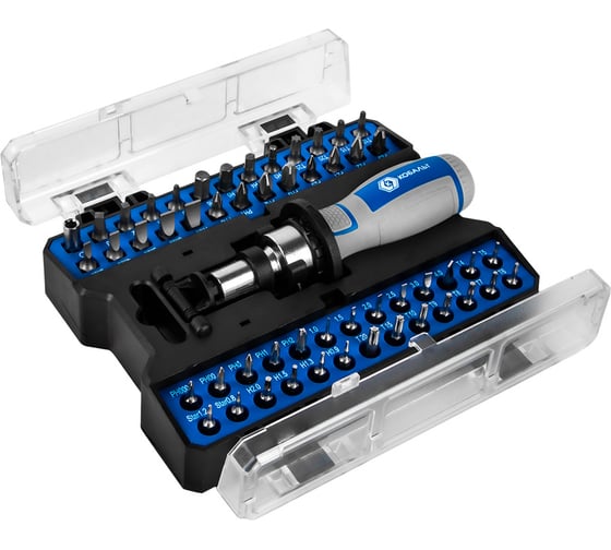 Изображение товара Отвертка-рукоятка с набором бит КОБАЛЬТ CR-V, 25 бит, 26 бит для точных работ + адаптер, пластиковый бокс,53 предмета 915-076