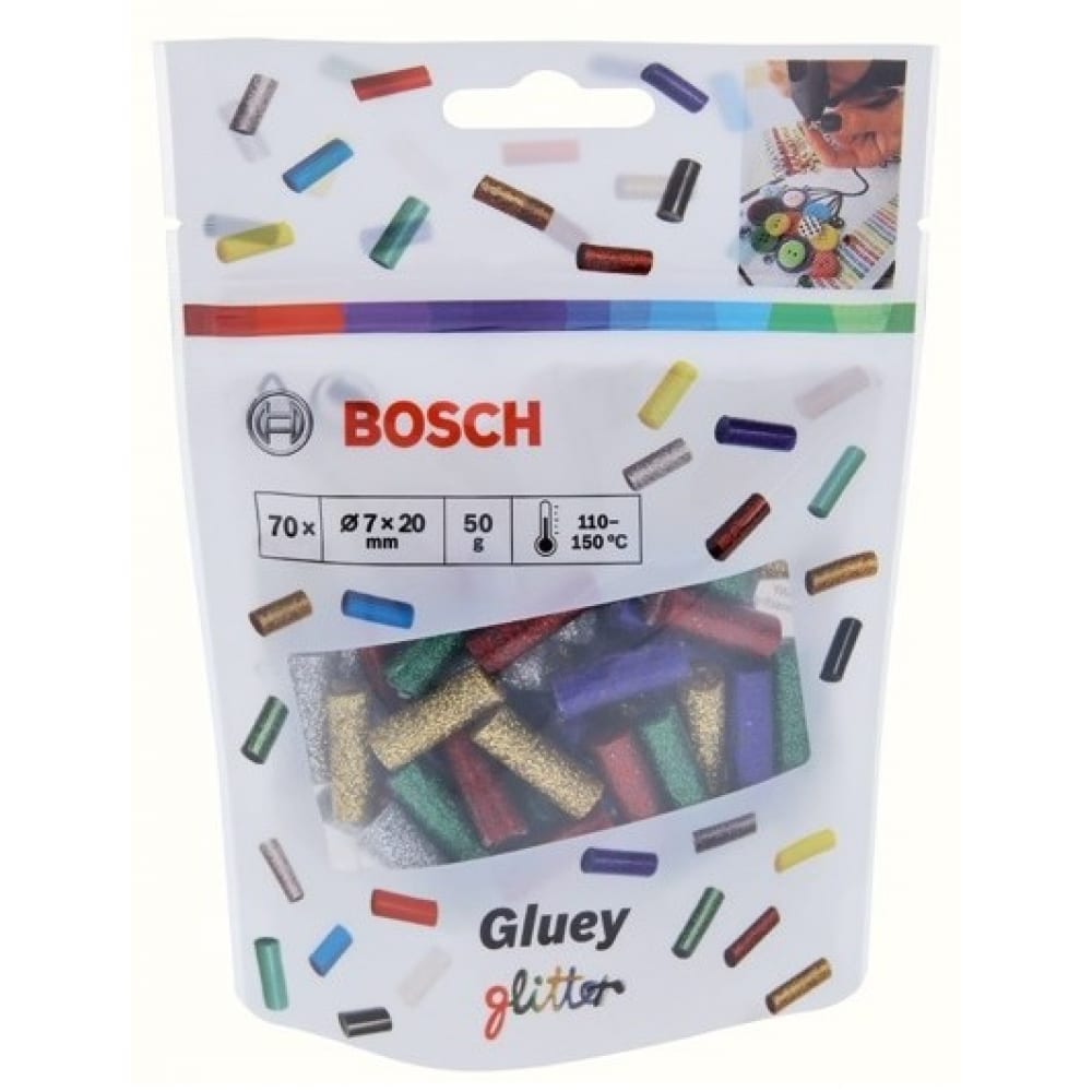 фото Клеевые стержни для gluey 7x20 мм 70 шт. цветные с блестками bosch 2608002006