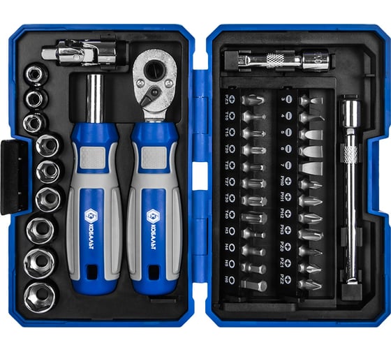 Изображение товара Набор бит и головок с трещоткой КОБАЛЬТ CR-V, 24 биты, 9 головок, трещотка, отверточная рукоятка, 2 удлинителя, шарнир, кейс+блистер, 38 предметов 915-069