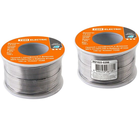 Изображение товара Припой для пайки с канифолью (60 Sn/40 Pb) в бобине d1мм 100 гр, TDM ELECTRIC «Алмаз» SQ1025-0206