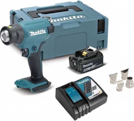 Изображение товара Аккумуляторный тепловой пистолет (фен) Makita LXT 18В, 550 град, кейс MakPac,насадки, 5.0 Ач х 1, з/у DHG180RT1J