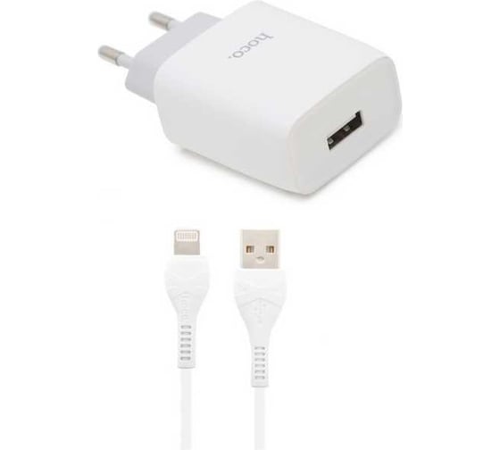 Изображение товара Сзу Hoco c72a glorious 1xusb, 2.1а + usb кабель lightning 8-pin, 1м (белый) 0L-00048619