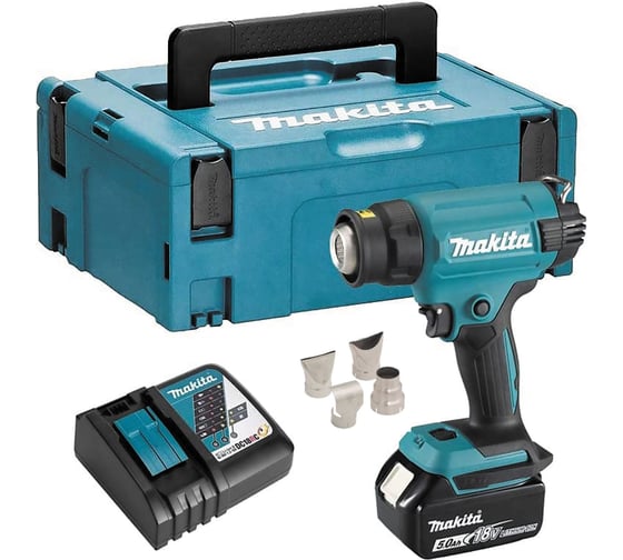 Изображение товара Аккумуляторный тепловой пистолет-фен Makita LXT 18В, 550 град, 2 скорости,6 режимов, кейс MakPac ,насадки 5.0Ач х1,з/у DHG181RT1J