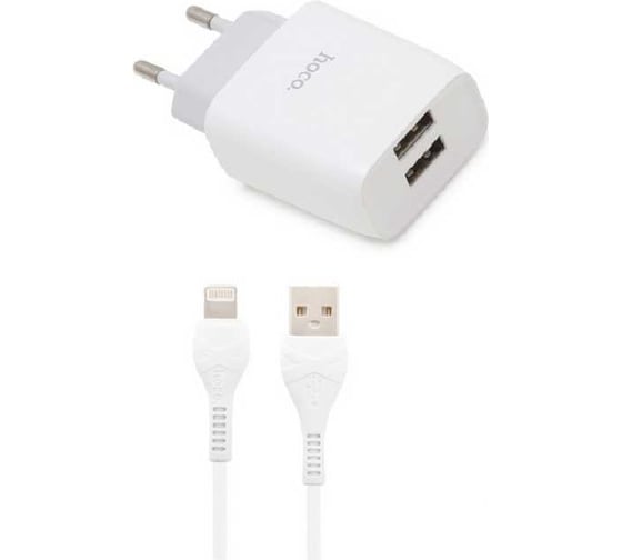 Изображение товара Сзу Hoco c73a glorious 2xusb, 2.4а + usb кабель lightning 8-pin, 1м (белый) 0L-00048615