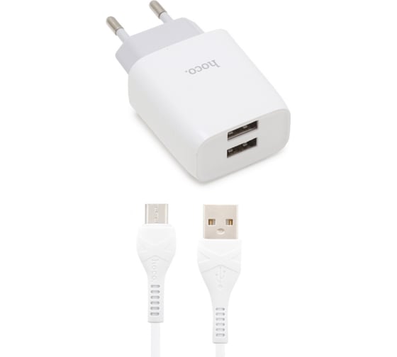 Изображение товара Сзу Hoco c73a glorious 2xusb, 2.4а + usb кабель microusb, 1м (белый) 0L-00048616