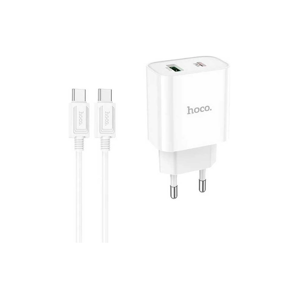 Изображение товара Сзу Hoco c80a plus rapido 1xusb, 1xusb-c, 3а, pd20w, qc3.0 + usb-c кабель type-c, 1м (белый) 0L-00057526