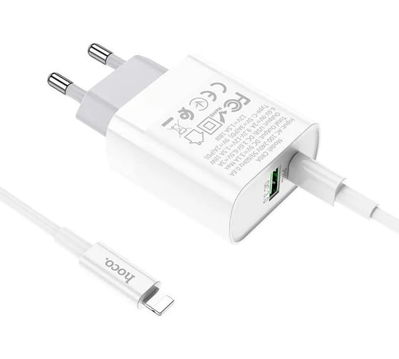Изображение товара Сзу Hoco c80a rapido 1xusb, 1xusb-c, 3а, pd20w, qc3.0 + usb-c кабель lightning 8-pin, 1м (белый) 0L-00050625