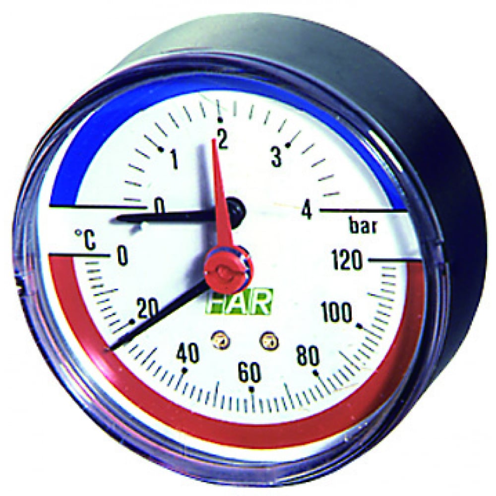 фото Термоманометр 0-4 бар с температурной шкалой 0-120°c (80 мм, торцевое соединение 1/2") far fa 2550 12