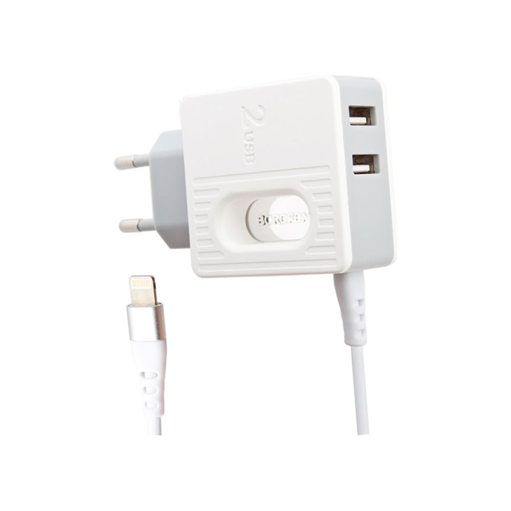 Изображение товара Сетевое зарядное устройство Borofone ba34 power essence 2xusb, 2.4а, интегрированный кабель lightning 8-pin, 1м, белый 0L-00044792