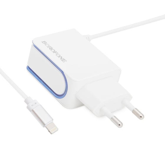 Изображение товара Сетевое зарядное устройство Borofone ba35 brilliant 2xusb, 2.1а, интегрированный кабель lightning 8-pin, 1м, белый 0L-00044796