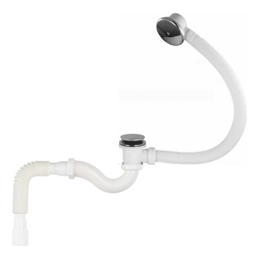 Aquant Сифон для ванны 1 1/2"х40 прямоточный клик-клак с широким грибком перелив-автомат хром с гофротрубой 40х40/50.Полная комплектация, все гайки, прокладки и схема установки в комплекте.