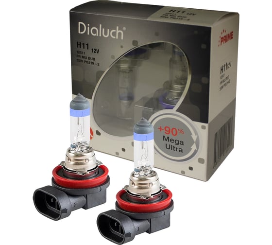 Изображение товара Лампы Диалуч h11 12v 55w +90 pgj19-2 prime лч411pr-2mu 12511-PR-MU-DUO