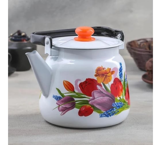 Изображение товара Эмалированный сферический чайник Сибирские товары 3.5 л, декор тюльпаны, белый, с кнопкой с2716.3/78 ПС13674