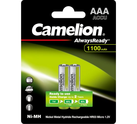 Изображение товара Аккумулятор Camelion Always Ready AAA-1100mAh Ni-Mh BL-2 (NH-AAA1100BP2, 1.2В) 15037