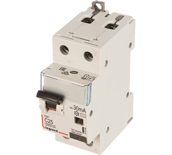 Изображение товара Автоматический выключатель Legrand дифференциального тока DX³ 6000 10 кА тип характеристики С 1П+Н 230 В~ 25 А тип AС 30 мА 2 модуля 411004
