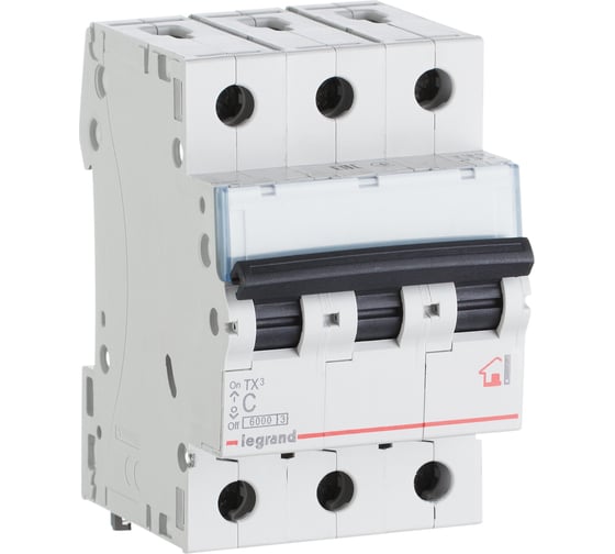 Изображение товара Автоматический выключатель Legrand TX³ 6000 6 кА тип характеристики C 3П 400 В~ 63 А 3 модуля 404062