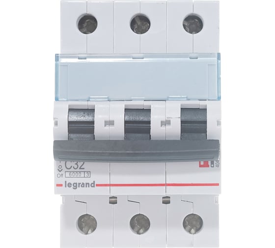 Изображение товара Автоматический выключатель Legrand TX³ 6000 6 кА тип характеристики C 3П 400 В~ 32 А 3 модуля 404059
