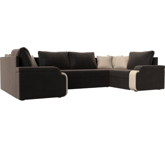 Изображение товара П-образный диван Лига диванов Николь полностью велюр коричневый, вставка экокожа бежевая, подушки велюр коричневый, декоративные подушки велюр бежевый 102983