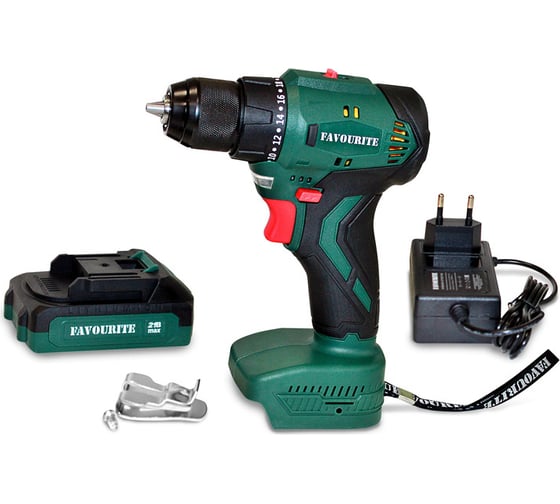 Изображение товара Аккумуляторная дрель-шуруповерт FAVOURITE li-ion, 21 в, 2 ач, 45 hm, 0-550/0-1550 об/мин, 20+1, бесщеточный двигатель, кейс в комплекте: зу, акб 2 ач one battery system OBS 21 DCNB