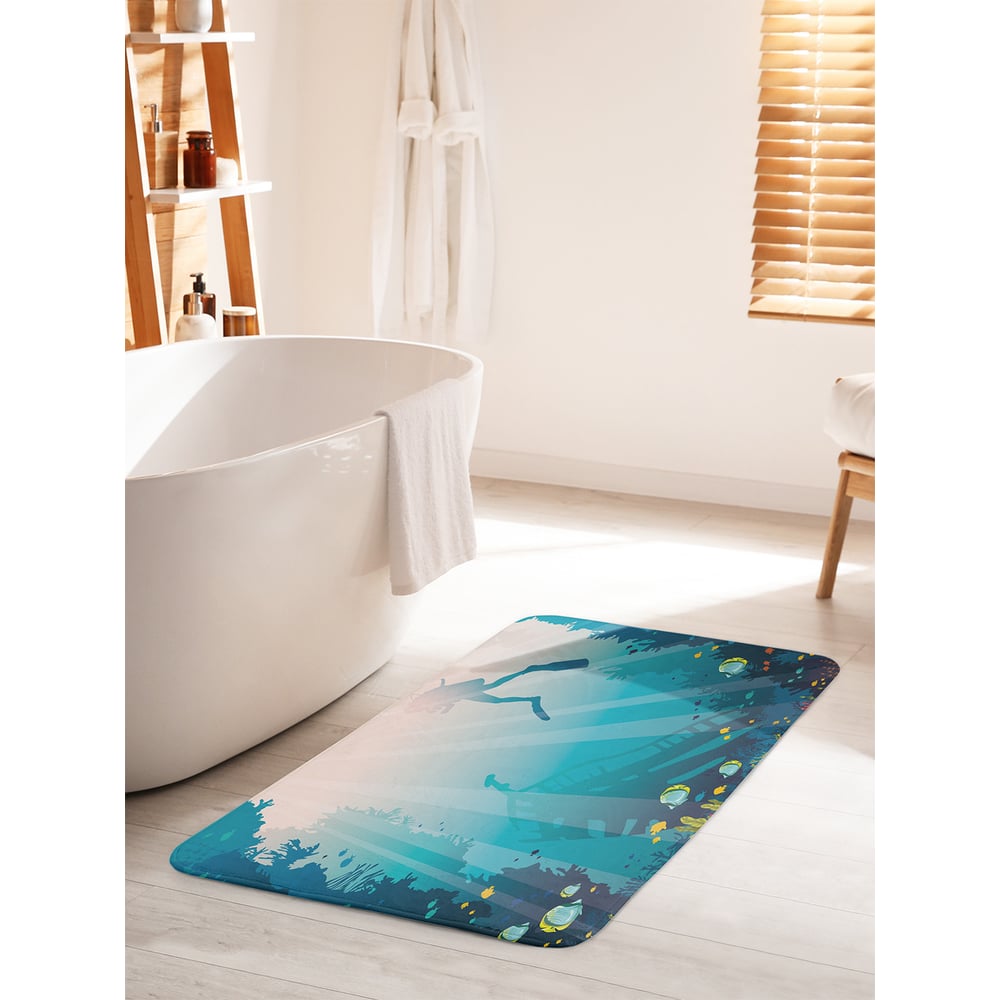 Изображение товара Коврик для ванной комнаты и туалета противоскользящий JOYARTY "Подводные приключения дайвера" 60х100 см bath_101527_60x100