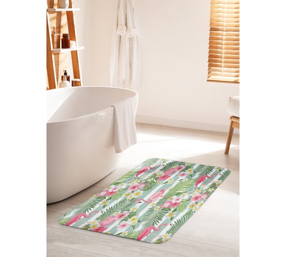 Изображение товара Коврик для ванной комнаты и туалета противоскользящий JOYARTY "Фламинго с цветами" 60х100 см bath_14665_60x100