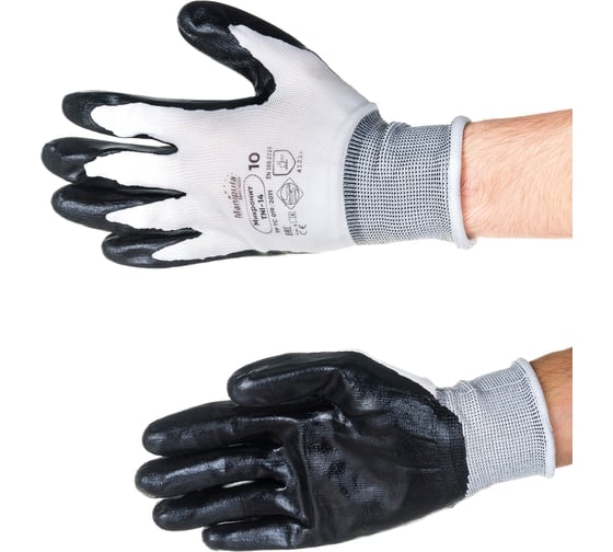 Изображение товара Перчатки Manipula Specialist МИКРОНИТ (MG-121), нейлон, нитрил частичный, оверлок, цвет бело-черный (10), Пер 638/10