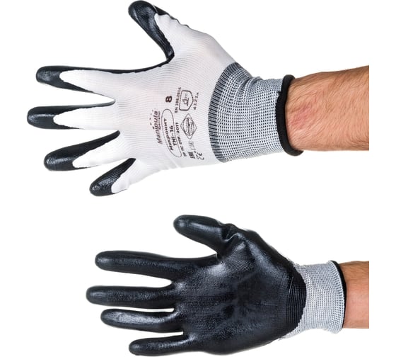 Изображение товара Перчатки Manipula Specialist МИКРОНИТ (MG-121), нейлон, нитрил частичный, оверлок, цвет бело-черный (8), Пер 638/8